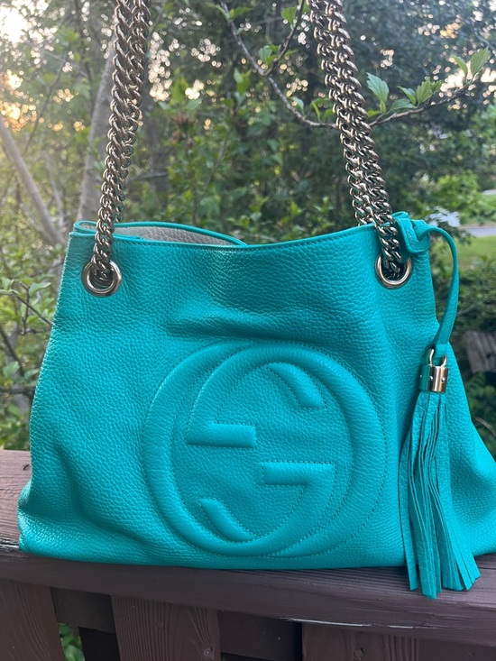 Gucci Handbags - Gucci Turquoise Soho Leather Shoulder Bag with Tassel Accent